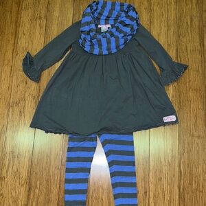 Ruffle girl 3 piece set: tunic/ruffle top with striped leggings and scarf 7 EUC